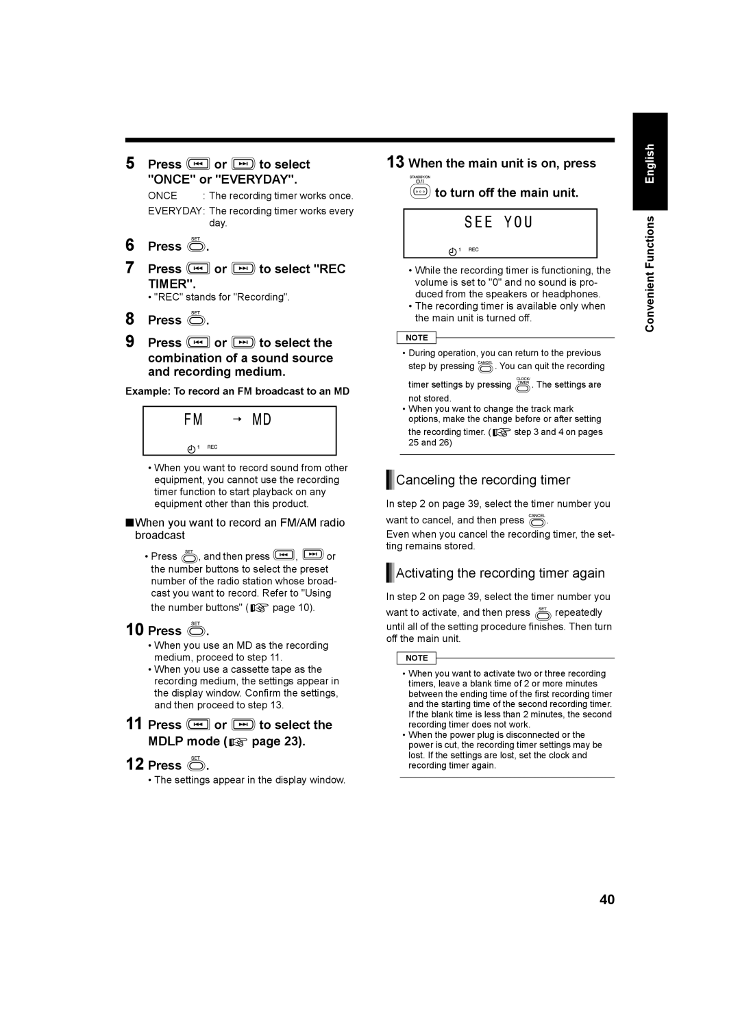 JVC CA-UXQ1W, LVT1218-002A, CA-UXQ1S, SP-UXQ1W, SP-UXQ1S Canceling the recording timer, Activating the recording timer again 