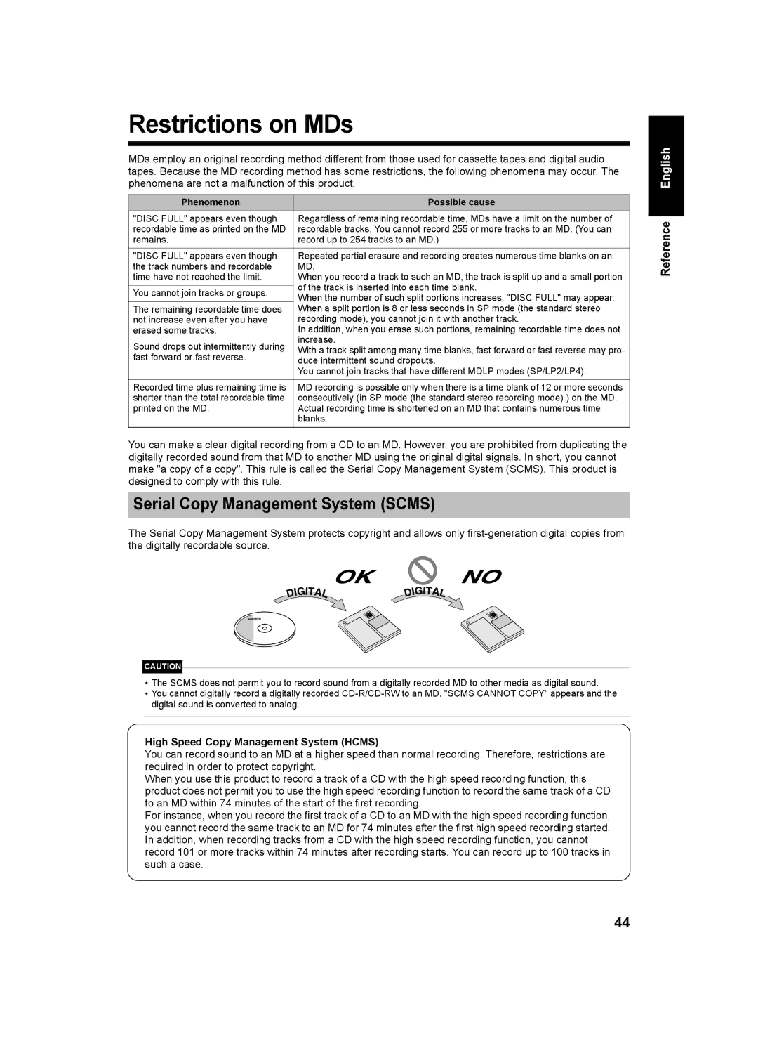 JVC UX-Q1S, LVT1218-002A Restrictions on MDs, Serial Copy Management System Scms, High Speed Copy Management System Hcms 