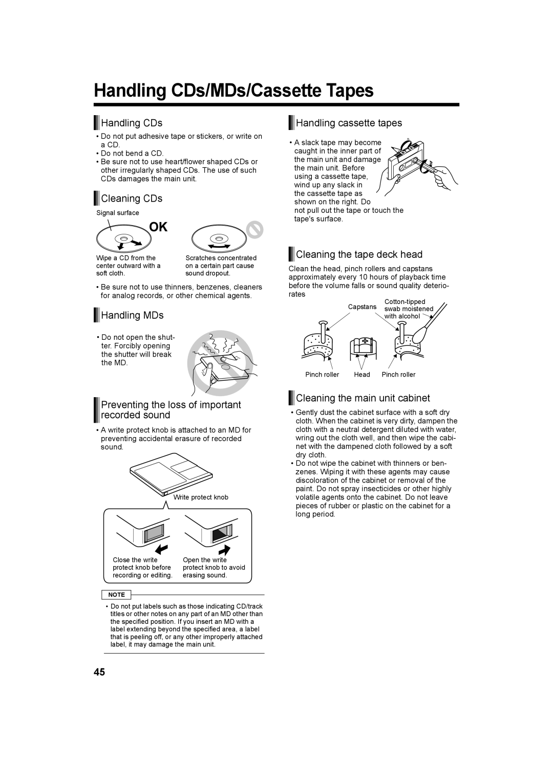 JVC UX-Q1W, LVT1218-002A, CA-UXQ1W, CA-UXQ1S, SP-UXQ1W, SP-UXQ1S, UX-Q1S manual Handling CDs/MDs/Cassette Tapes 