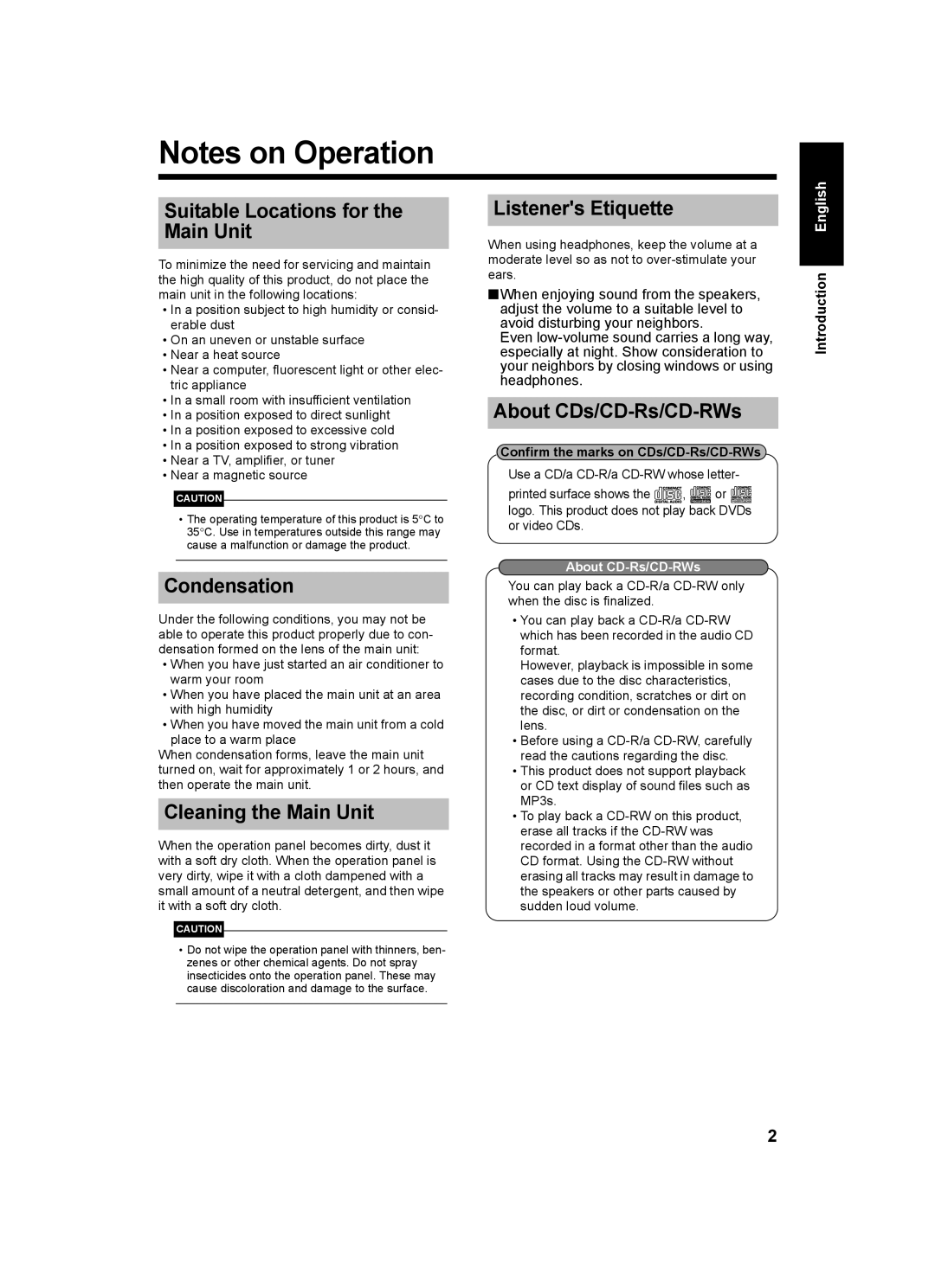 JVC UX-Q1S, LVT1218-002A Suitable Locations for the Main Unit, Listeners Etiquette, About CDs/CD-Rs/CD-RWs, Condensation 