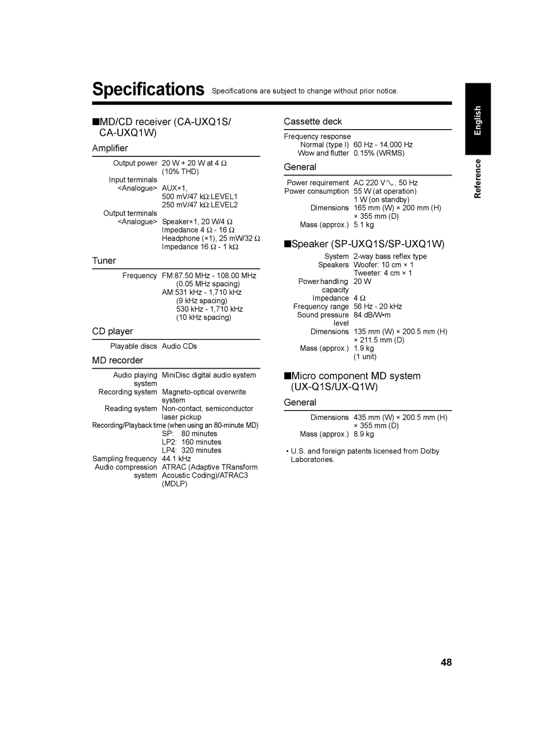 JVC LVT1218-002A MD/CD receiver CA-UXQ1S/ CA-UXQ1W, Speaker SP-UXQ1S/SP-UXQ1W, Micro component MD system UX-Q1S/UX-Q1W 