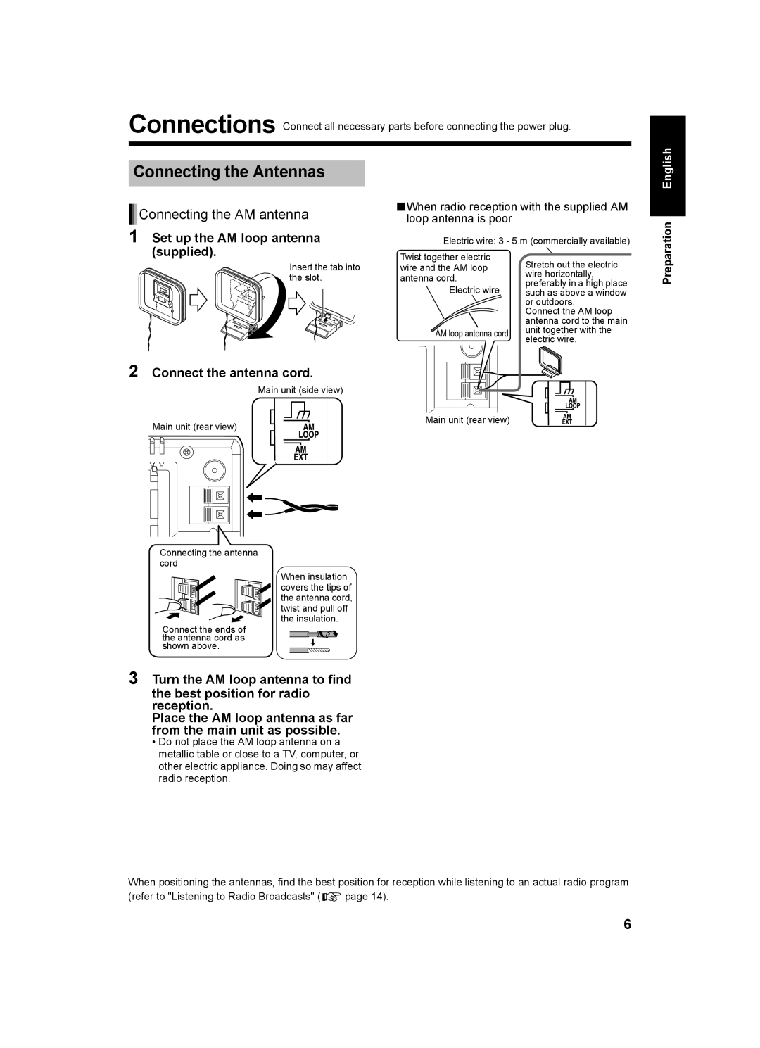 JVC CA-UXQ1S, LVT1218-002A, UX-Q1S Connecting the Antennas, Connecting the AM antenna, Set up the AM loop antenna supplied 