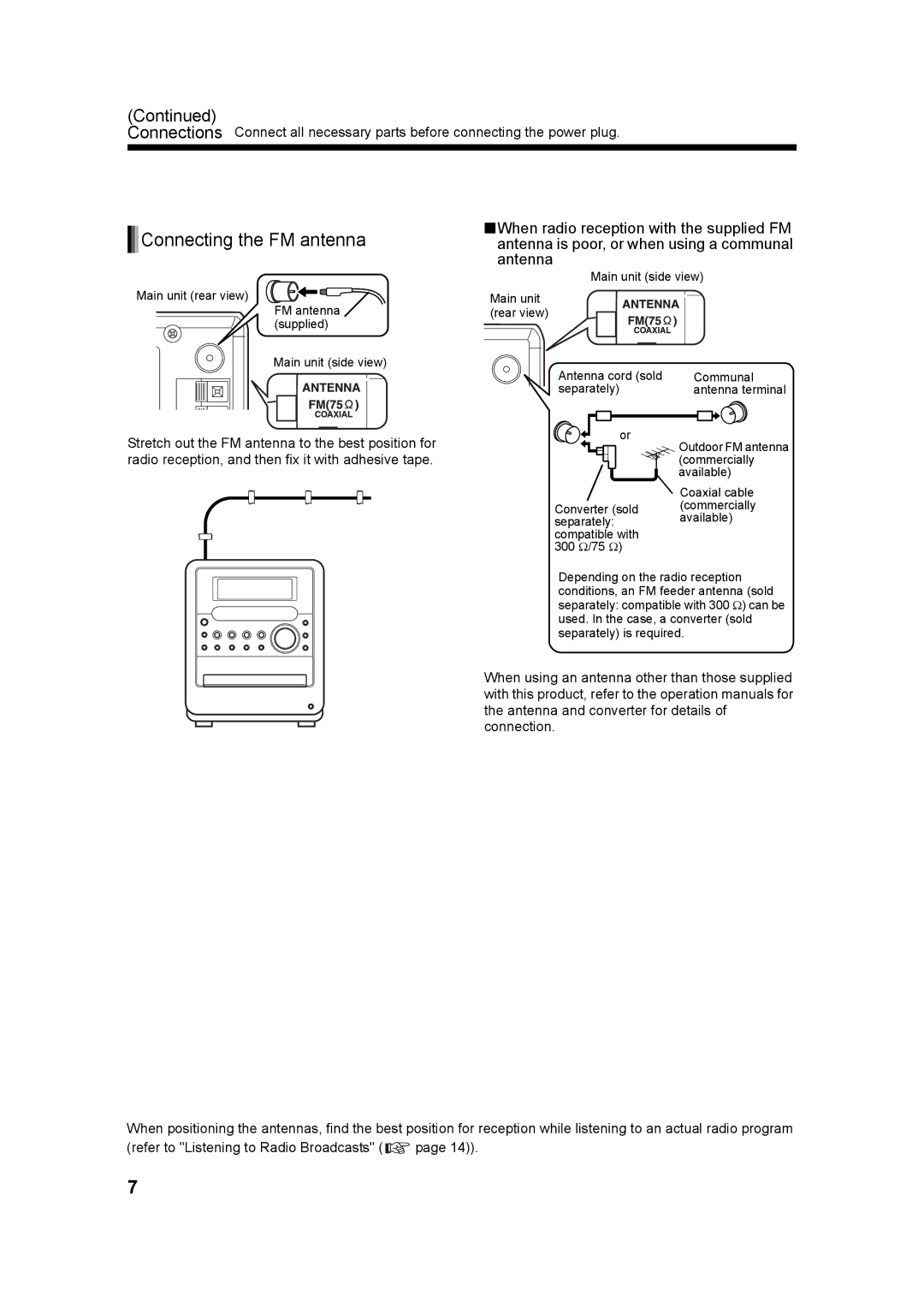 JVC CA-UXQ3S, LVT1218-005A, UX-Q3S manual Connecting the FM antenna 