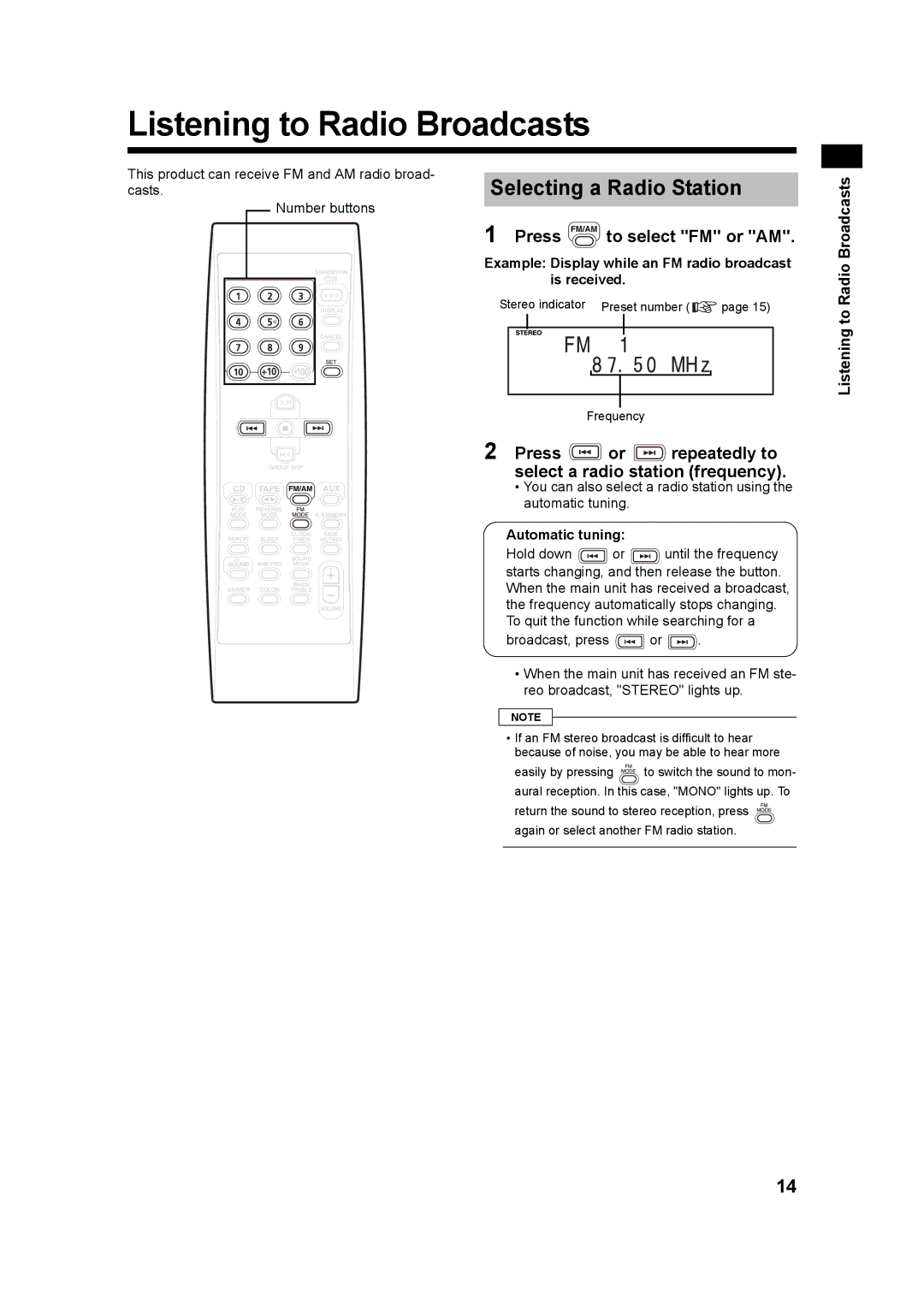 JVC UX-Q3S, LVT1218-005A, CA-UXQ3S manual Listening to Radio Broadcasts, Selecting a Radio Station, Press to select FM or AM 