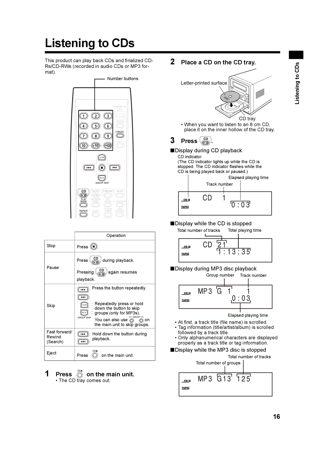 JVC CA-UXQ3S, LVT1218-005A, UX-Q3S manual Listening to CDs, Place a CD on the CD tray, CD tray comes out 