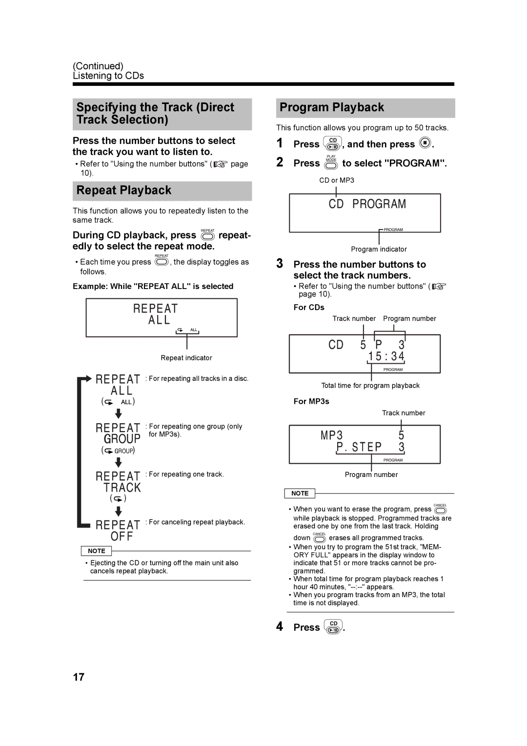 JVC UX-Q3S, LVT1218-005A, CA-UXQ3S manual Repeat Playback, Press , and then press Press to select Program 