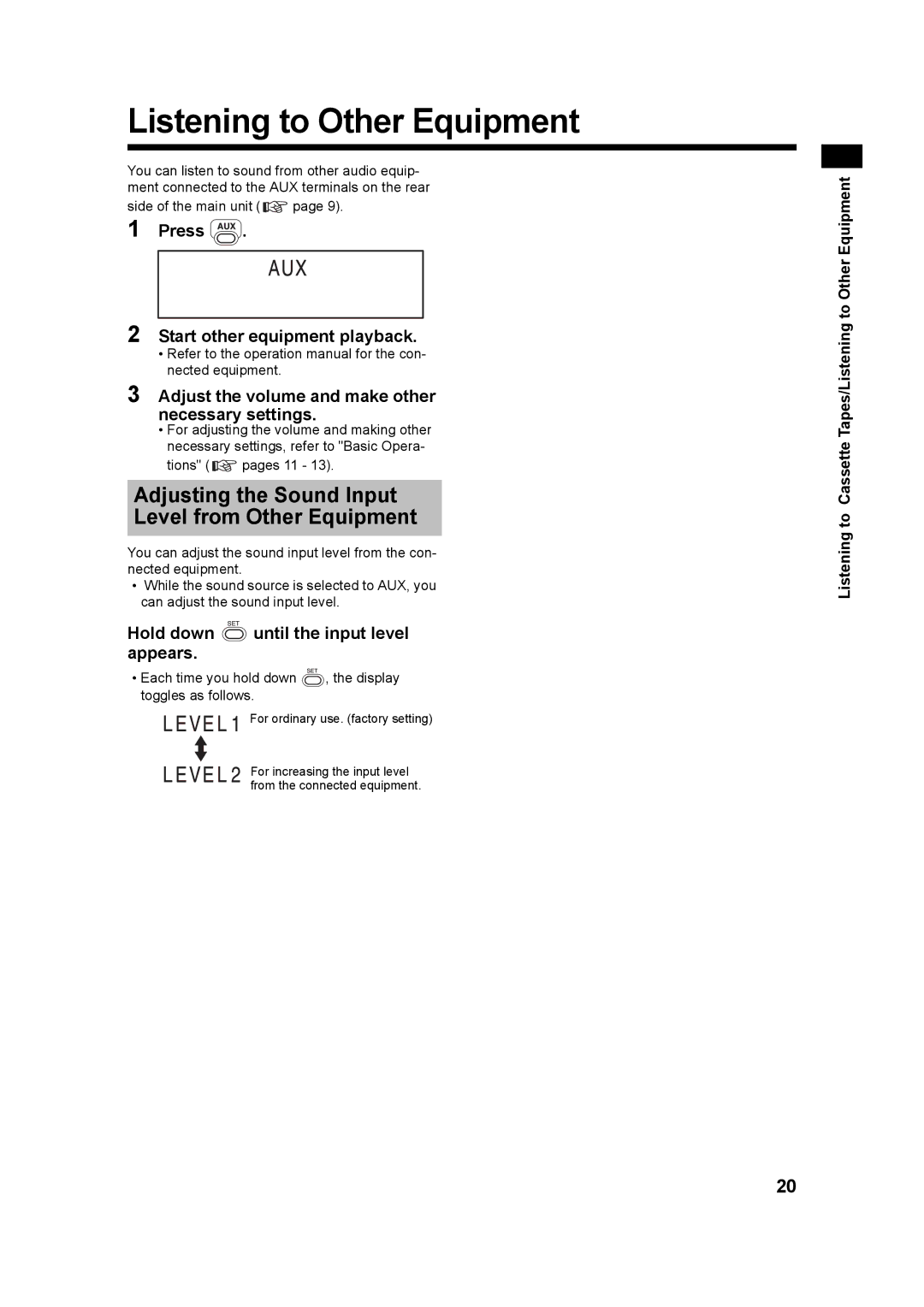 JVC UX-Q3S, CA-UXQ3S Listening to Other Equipment, Adjusting the Sound Input Level from Other Equipment, Tions pages 11 
