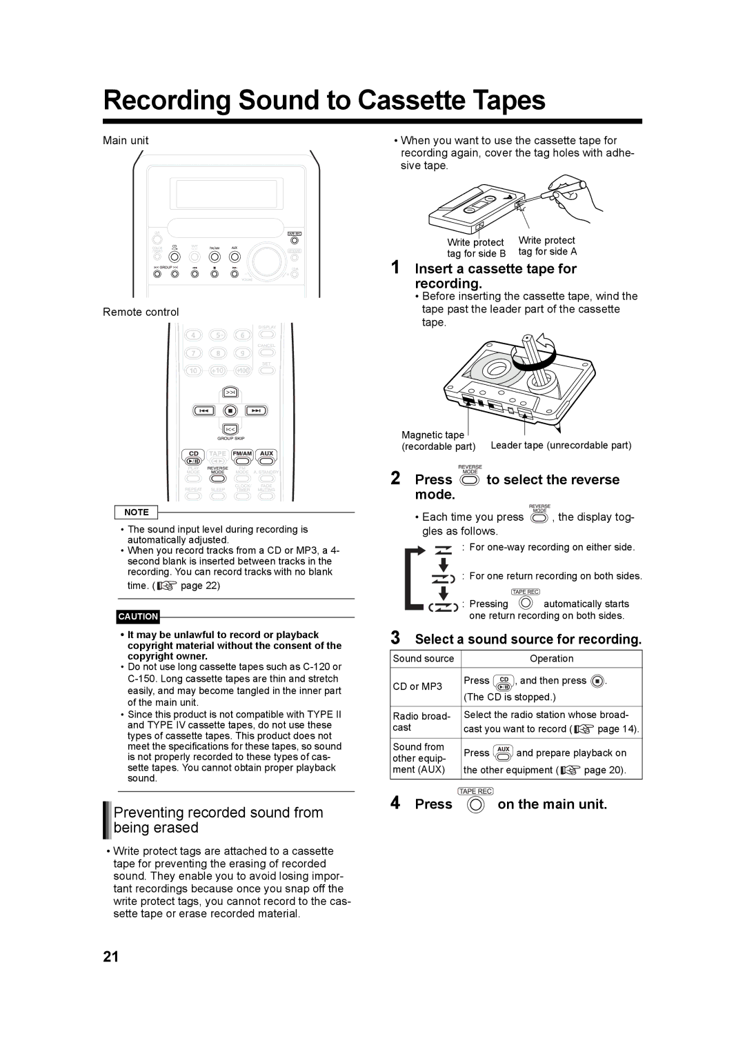 JVC LVT1218-005A, CA-UXQ3S, UX-Q3S manual Recording Sound to Cassette Tapes, Preventing recorded sound from being erased 