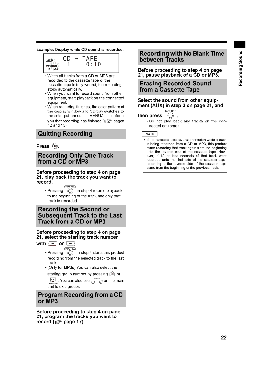 JVC CA-UXQ3S Quitting Recording, Recording Only One Track from a CD or MP3, Program Recording from a CD or MP3, With or 