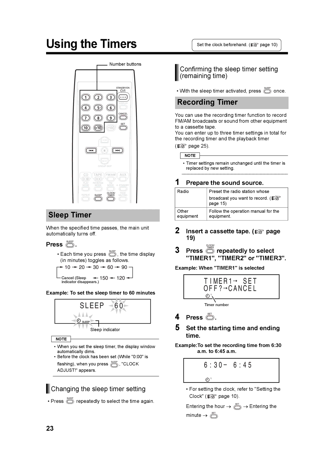 JVC UX-Q3S, LVT1218-005A Using the Timers, Recording Timer, Sleep Timer, Confirming the sleep timer setting remaining time 