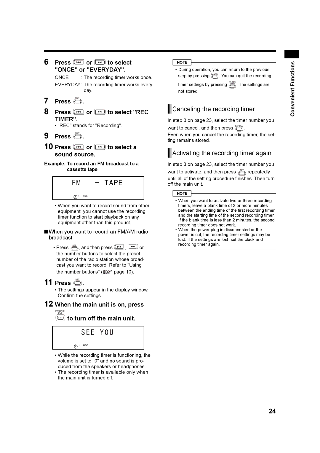 JVC LVT1218-005A Canceling the recording timer, Activating the recording timer again, Press or to select Once or Everyday 