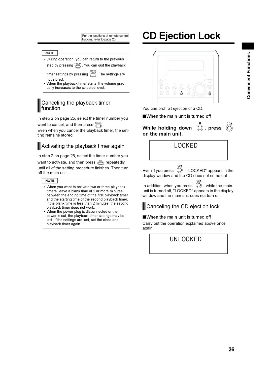 JVC UX-Q3S, LVT1218-005A manual CD Ejection Lock, Canceling the playback timer function, Activating the playback timer again 