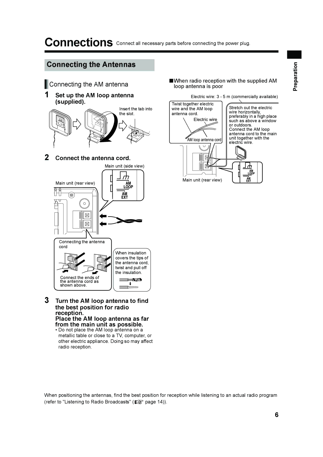 JVC LVT1218-005A, CA-UXQ3S, UX-Q3S Connecting the Antennas, Connecting the AM antenna, Set up the AM loop antenna supplied 