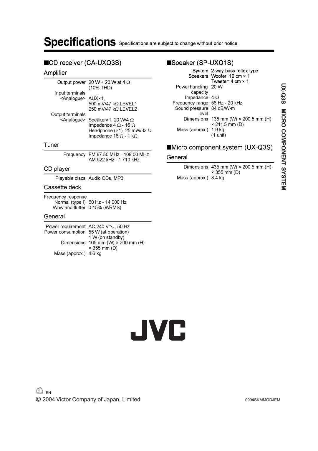 JVC LVT1218-005A manual CD receiver CA-UXQ3S, Speaker SP-UXQ1S, Micro component system UX-Q3S 