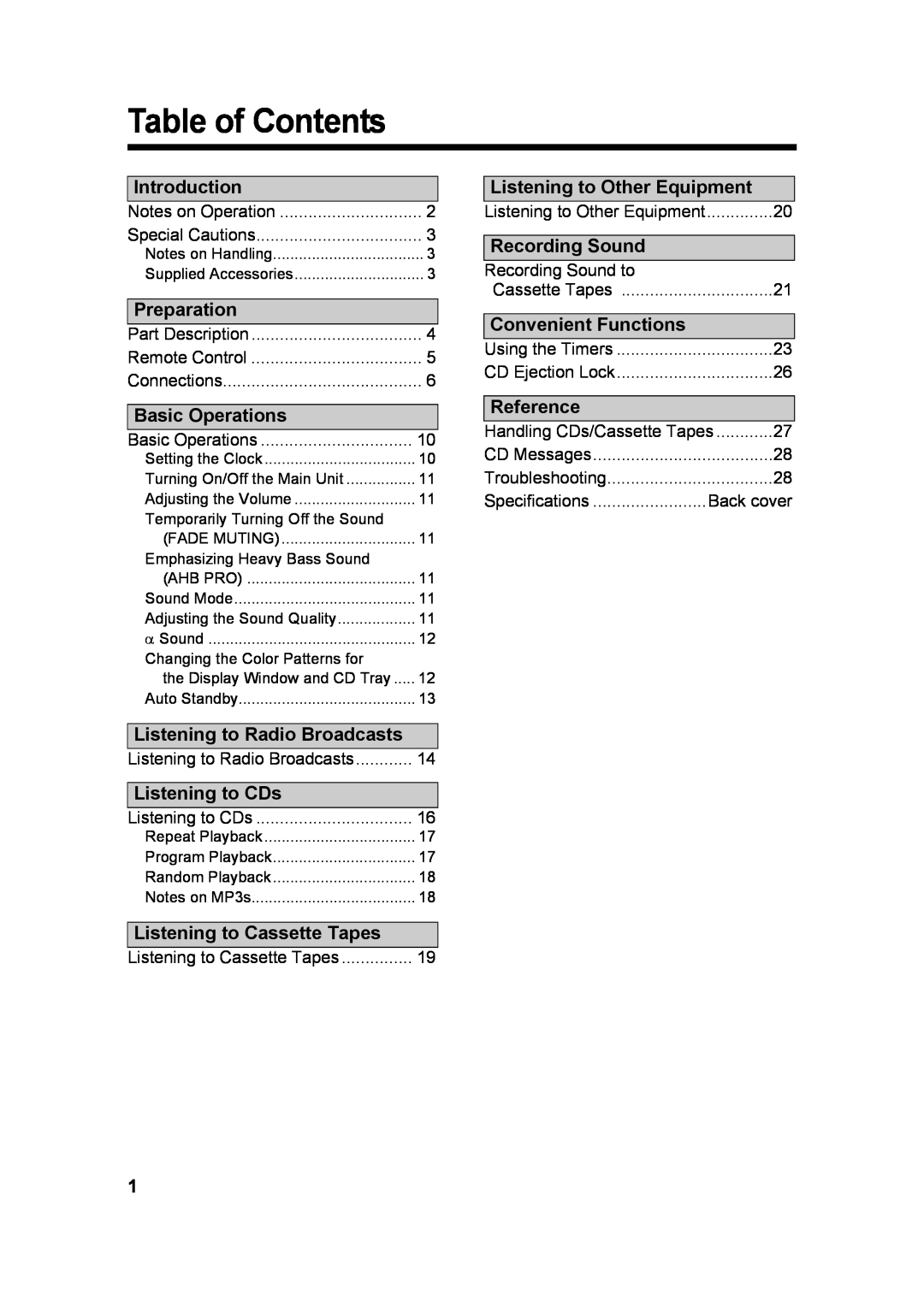 JVC CA-UXQ3S, LVT1218-005A, UX-Q3S manual Table of Contents 