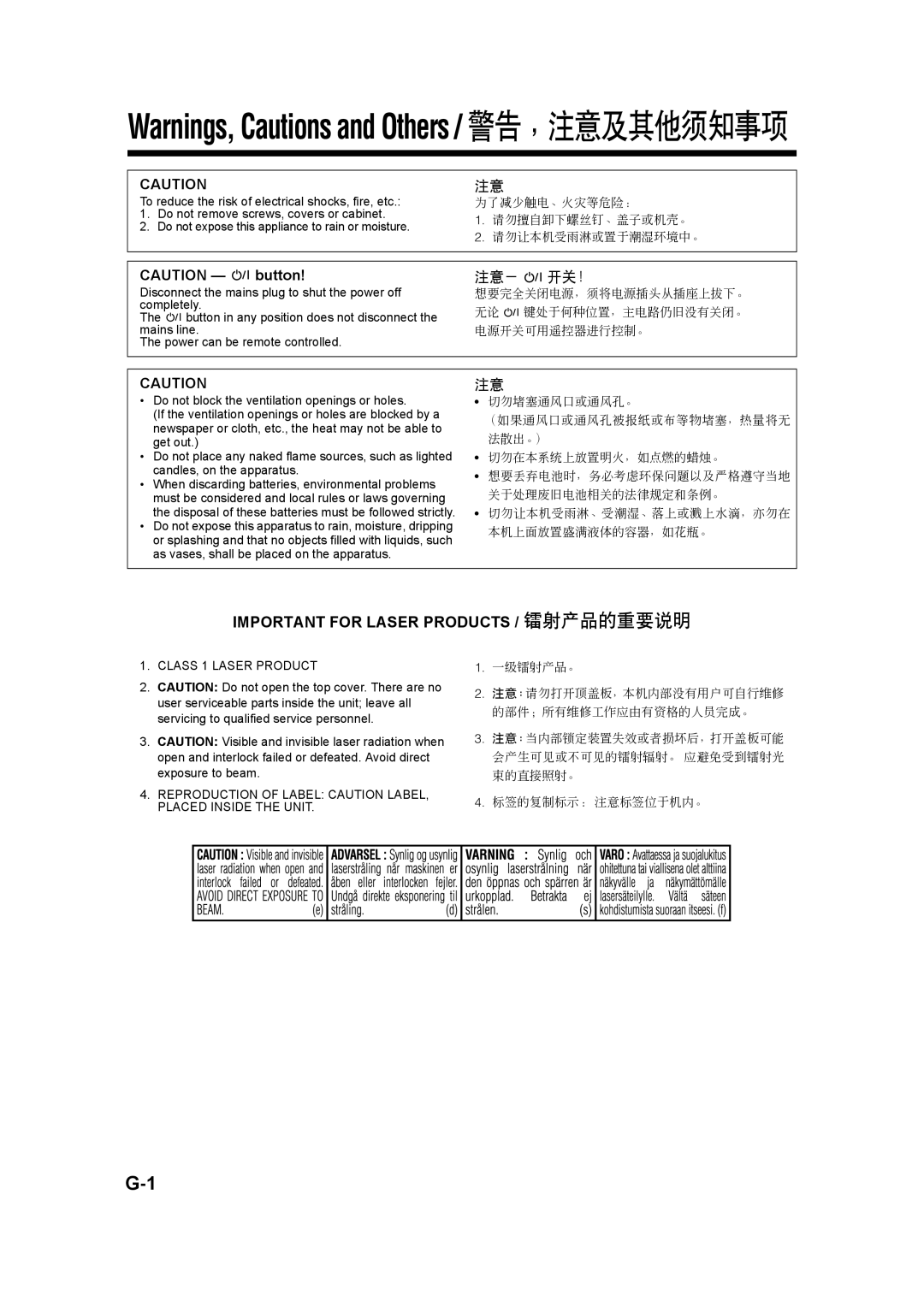 JVC UX-QD7M, LVT1220-002A, UX-QD7W manual Important for Laser Products / 镭射产品的重要说明 