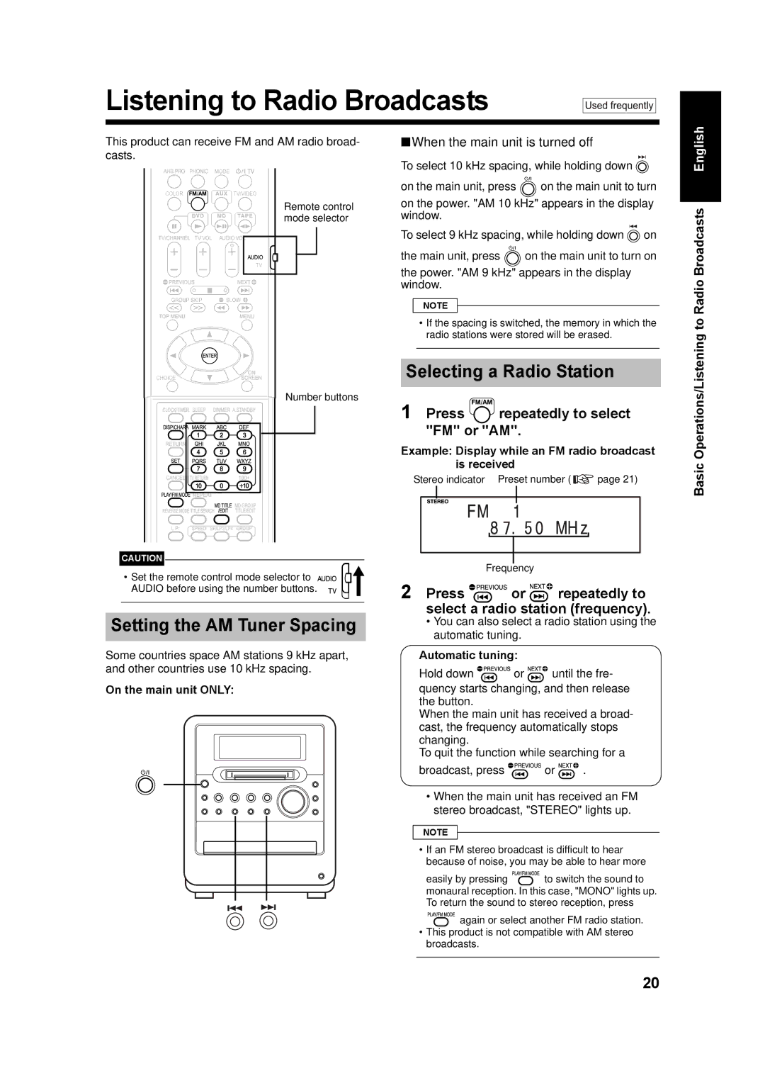 JVC UX-QD7M, LVT1220-002A, UX-QD7W Listening to Radio Broadcasts, Selecting a Radio Station, Setting the AM Tuner Spacing 