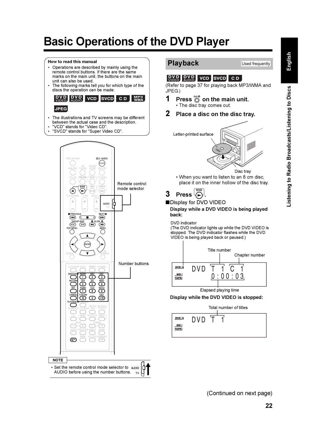 JVC UX-QD7W, UX-QD7M Basic Operations of the DVD Player, Playback, Press on the main unit, Place a disc on the disc tray 