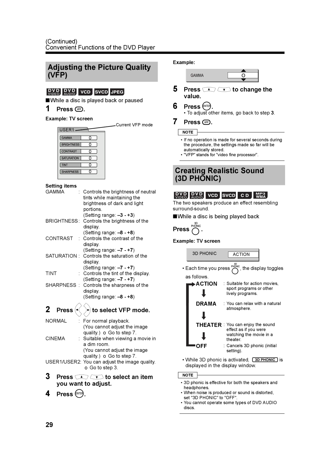 JVC UX-QD7M, LVT1220-002A, UX-QD7W manual Adjusting the Picture Quality, Creating Realistic Sound 3D Phonic 