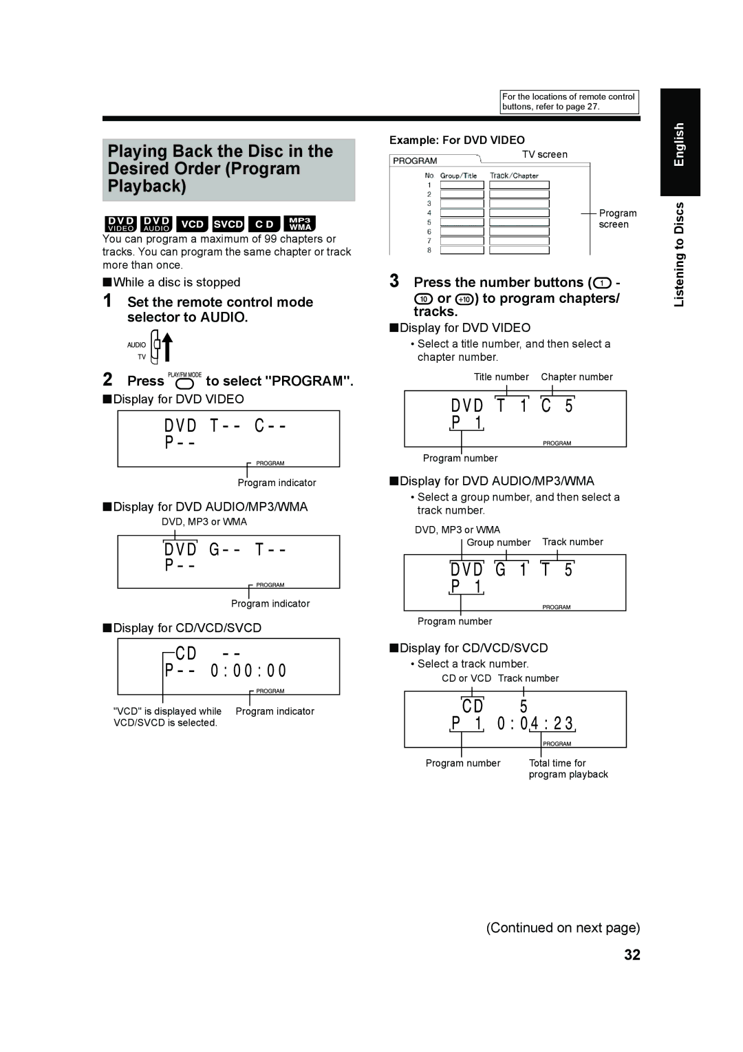 JVC UX-QD7M Playing Back the Disc Desired Order Program Playback, Press the number buttons or to program chapters Tracks 