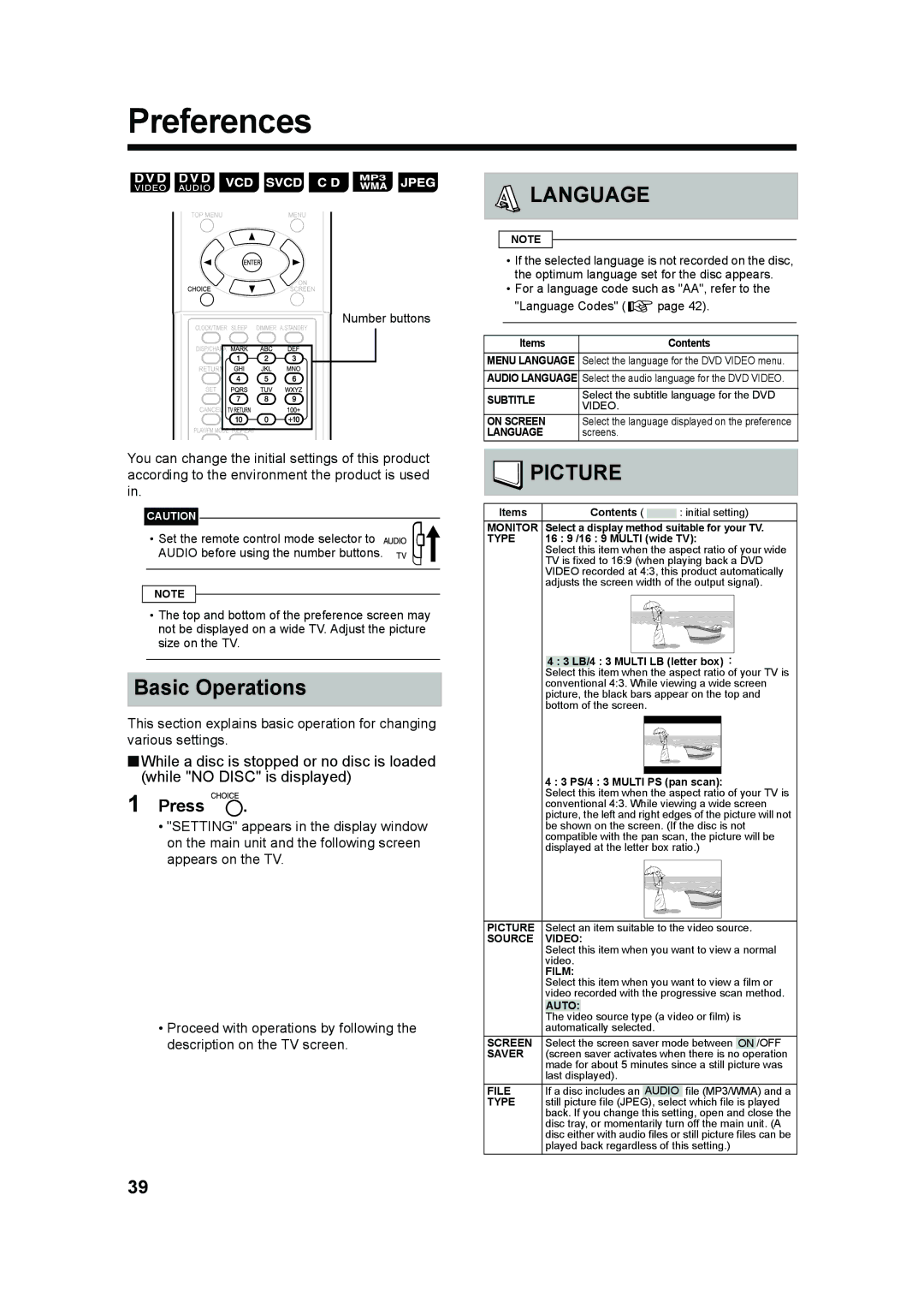 JVC LVT1220-002A, UX-QD7W, UX-QD7M manual Preferences, Basic Operations 