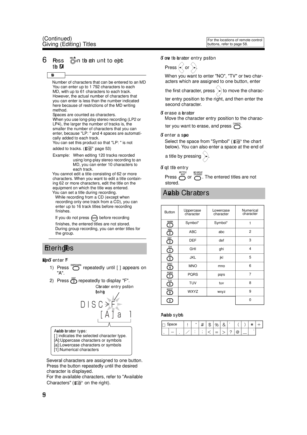 JVC UX-QD7M, LVT1220-002A, UX-QD7W manual Entering Titles, Available Characters, Press on the main unit to eject the MD 