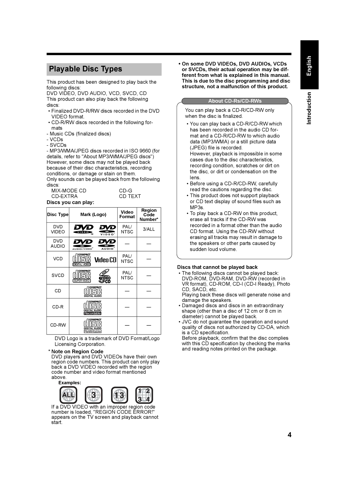 JVC UX-QD7W, LVT1220-002A, UX-QD7M manual Playable Disc Types, Discs you can play, Discs that cannot be played back 