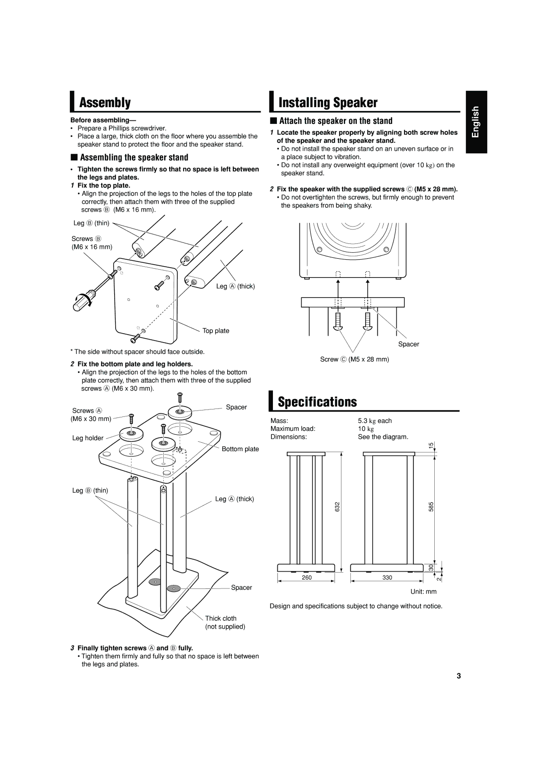 JVC LS-M1, LVT1248-002A manual Assembling the speaker stand, Attach the speaker on the stand 