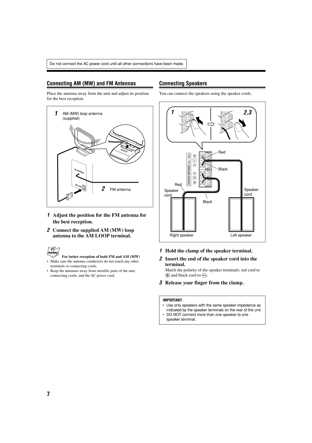 JVC LVT1266-001A manual Connecting AM MW and FM Antennas, Connecting Speakers, Release your finger from the clamp 