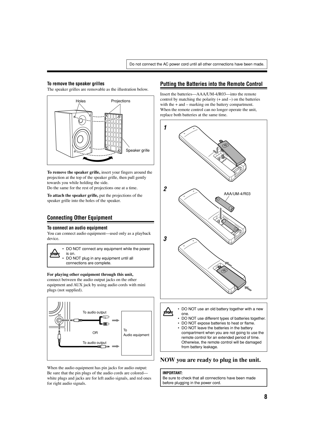 JVC LVT1266-001A Connecting Other Equipment, Putting the Batteries into the Remote Control, To remove the speaker grilles 