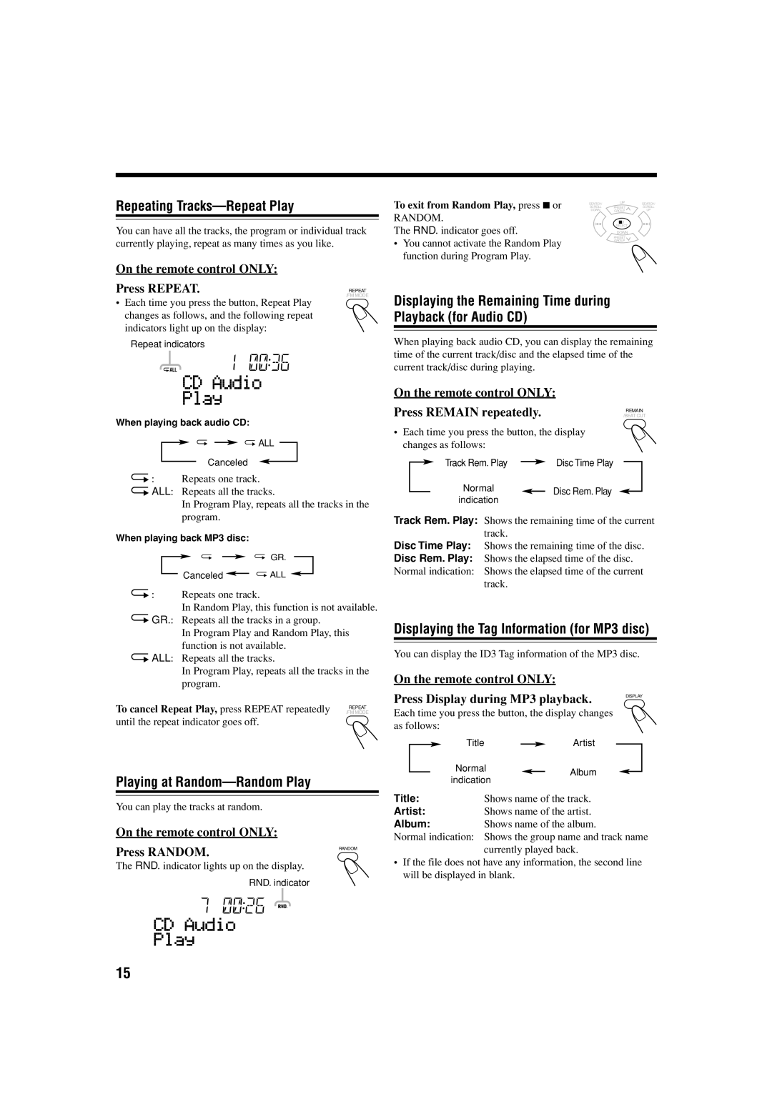 JVC LVT1266-001A manual Repeating Tracks-Repeat Play, Displaying the Remaining Time during Playback for Audio CD 