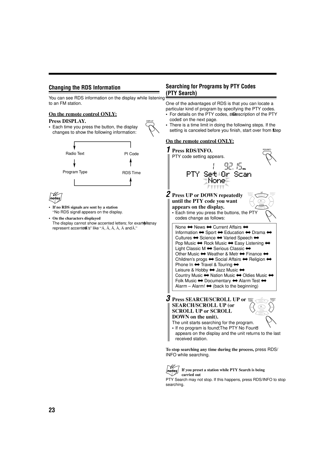 JVC LVT1266-001A manual Changing the RDS Information, Searching for Programs by PTY Codes PTY Search 