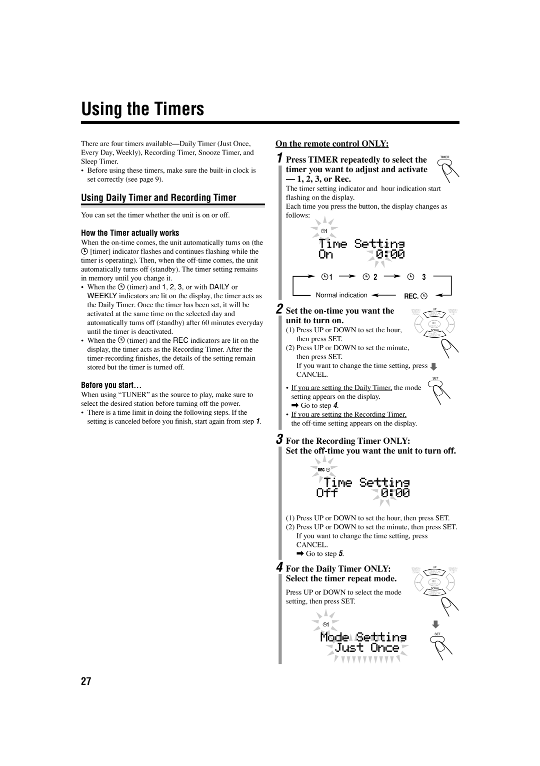 JVC LVT1266-001A manual Using the Timers, Using Daily Timer and Recording Timer 