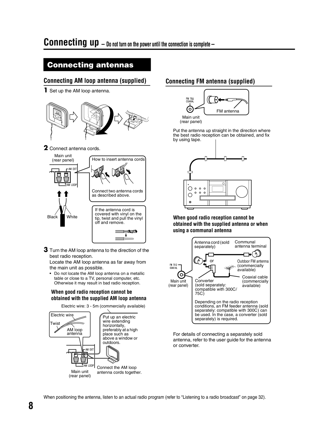 JVC LVT1284-004B Connecting antennas, Connection, Connecting AM loop antenna supplied, Connecting FM antenna supplied 