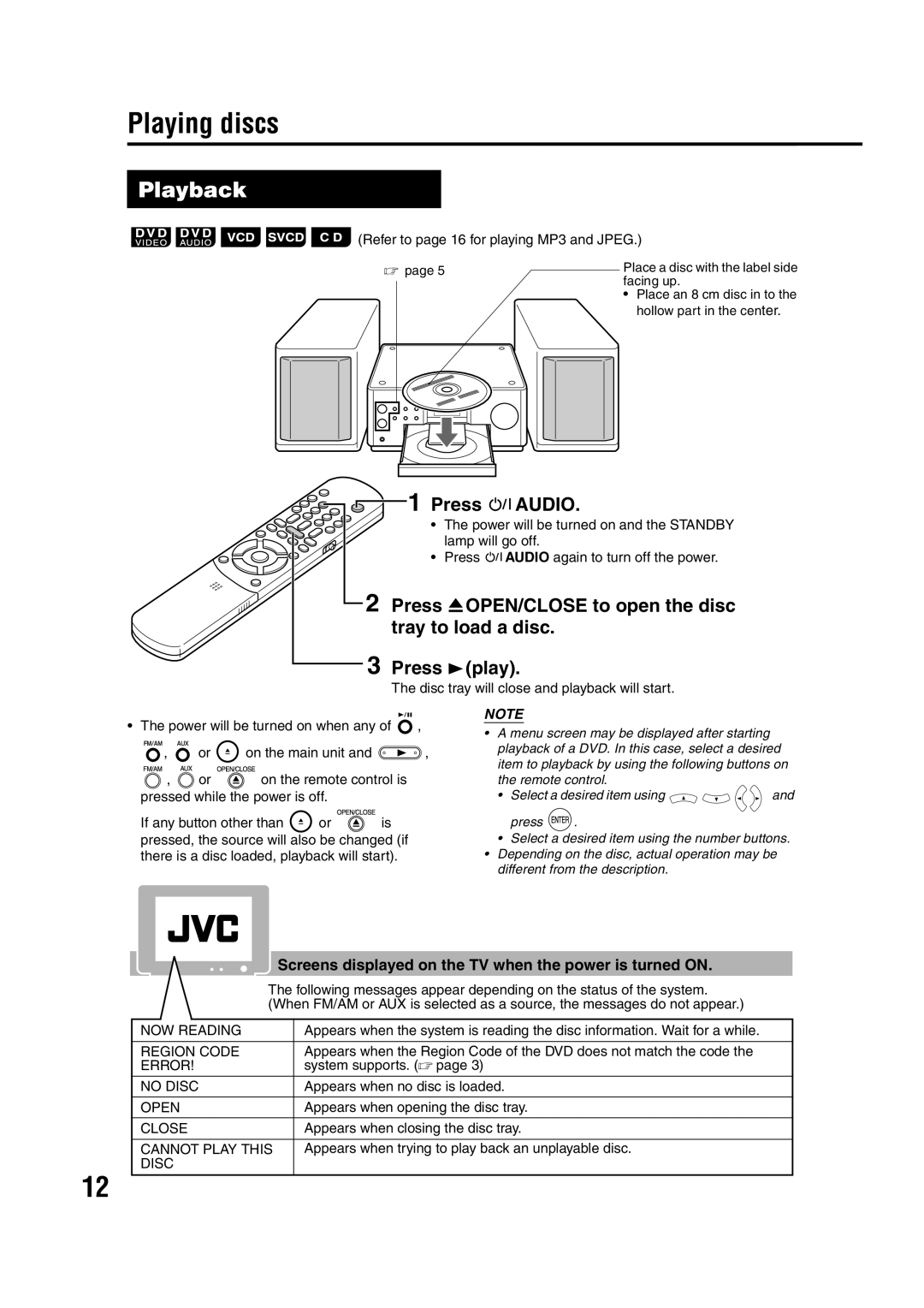 JVC LVT1284-004B manual Playing discs, Playback, Press Faudio 