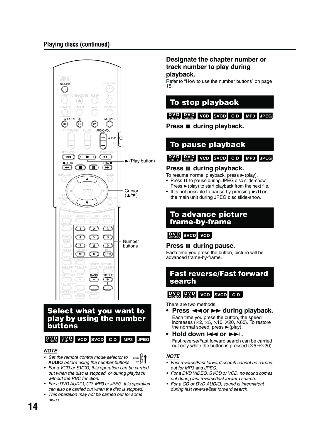 JVC LVT1284-004B manual To stop playback, To pause playback, Select what you want to play by using the number buttons 