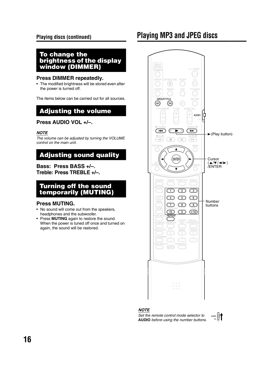 JVC LVT1284-004B To change the brightness of the display window Dimmer, Adjusting the volume, Adjusting sound quality 