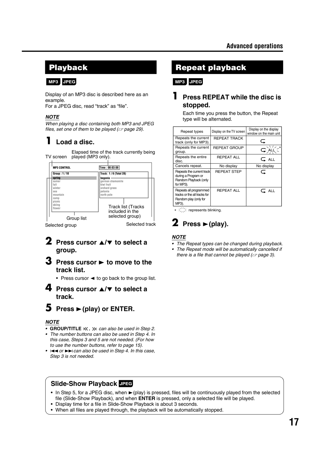 JVC LVT1284-004B manual Repeat playback, Load a disc, Press Repeat while the disc is stopped, Slide-Show Playback 