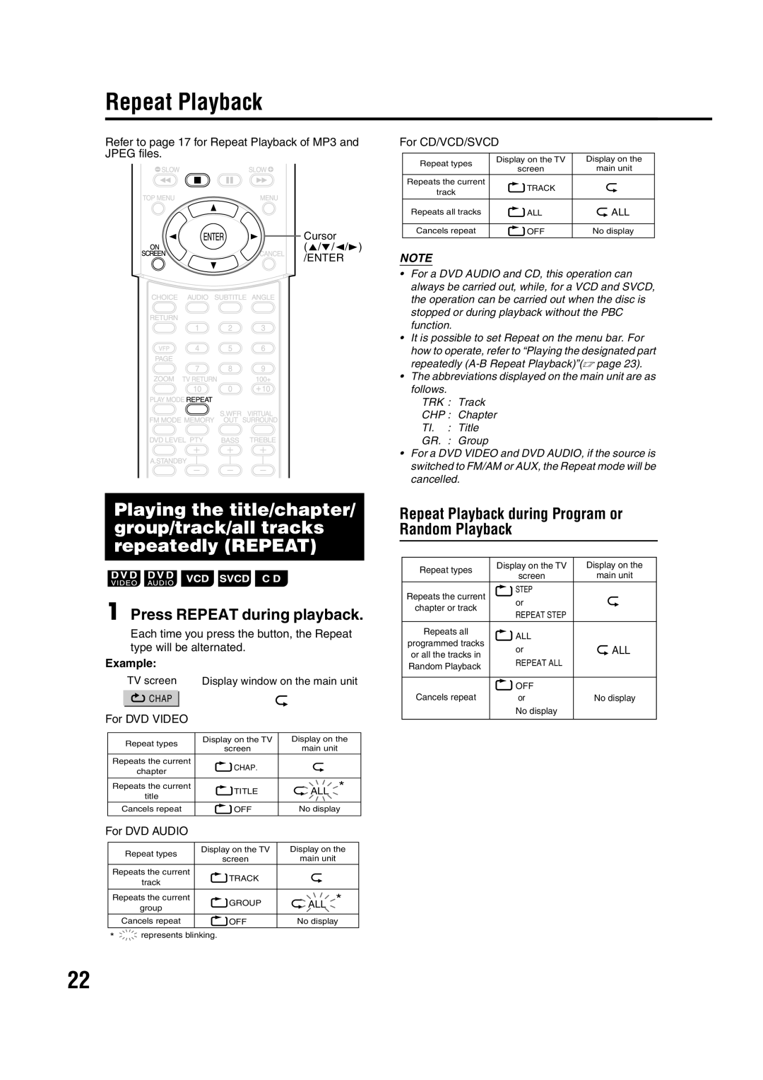 JVC LVT1284-004B manual Press Repeat during playback, Repeat Playback during Program or Random Playback, Example 