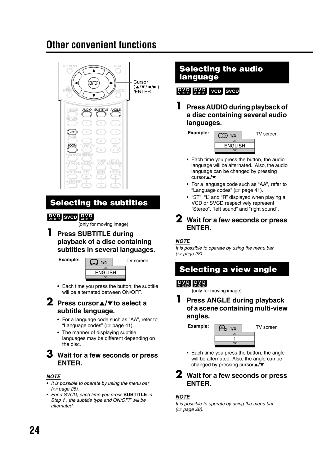 JVC LVT1284-004B Other convenient functions, Selecting the subtitles, Selecting the audio language, Selecting a view angle 