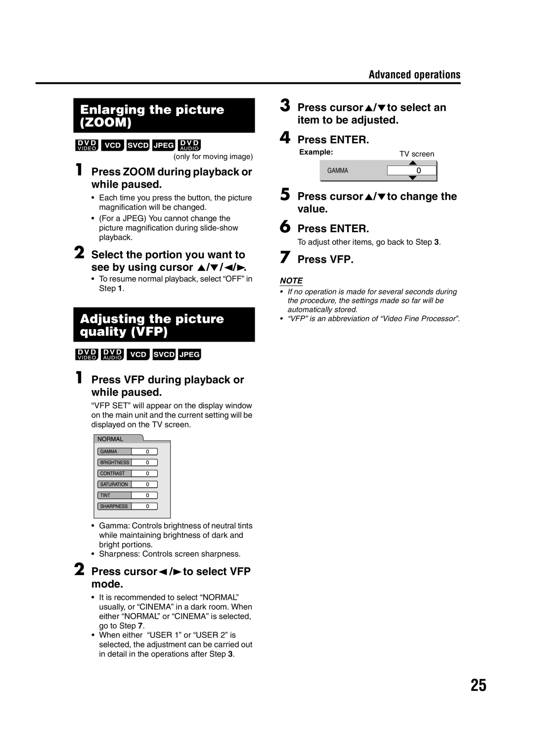 JVC LVT1284-004B manual Enlarging the picture Zoom, Adjusting the picture quality VFP 