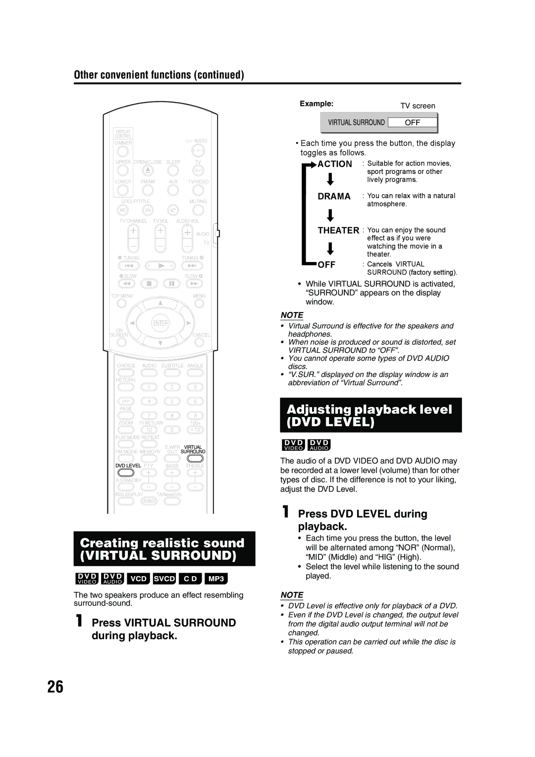 JVC LVT1284-004B manual Creating realistic sound, Adjusting playback level DVD Level, Other convenient functions 