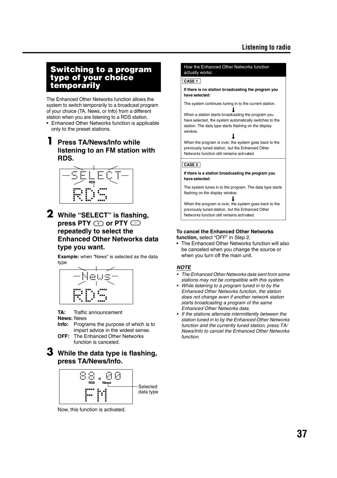 JVC LVT1284-004B manual Switching to a program type of your choice temporarily, TA Traffic announcement, News News 