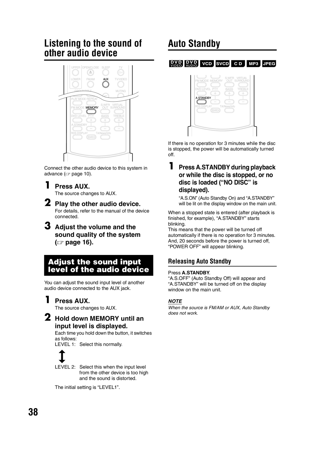 JVC LVT1284-004B manual Auto Standby, Adjust the sound input level of the audio device 