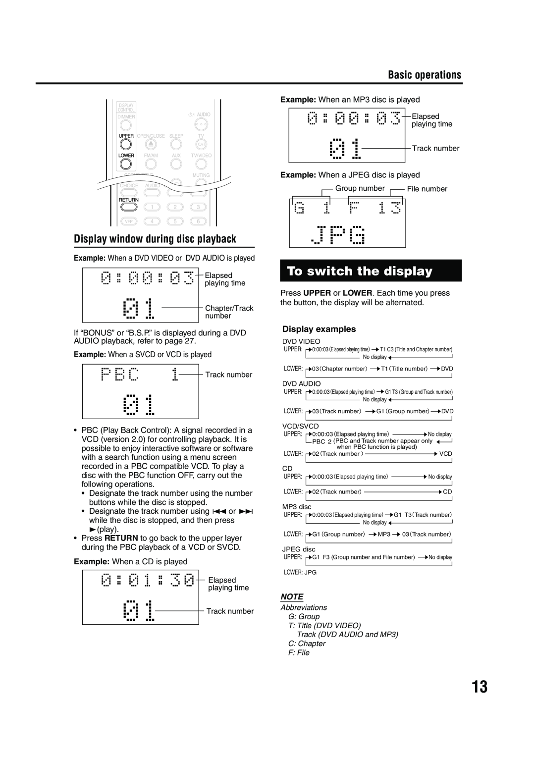 JVC LVT1284-004B manual To switch the display, Display window during disc playback, Basic operations 