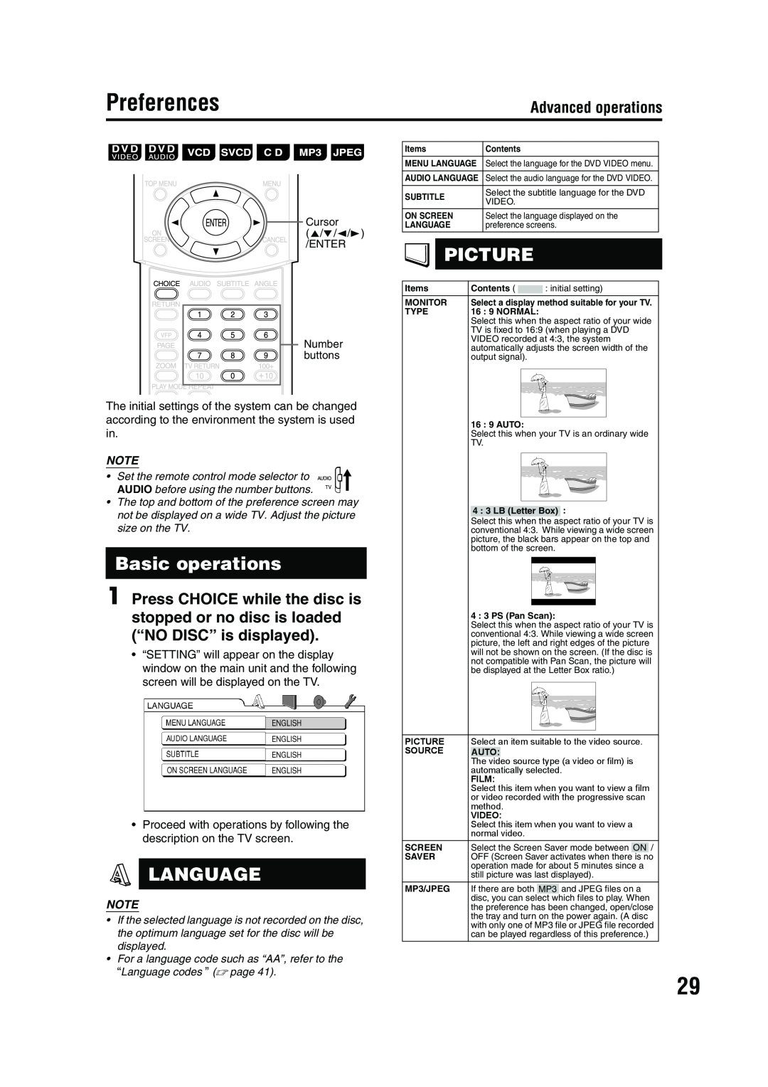 JVC LVT1284-004B manual Preferences, Basic operations, Language, Picture, Advanced operations 