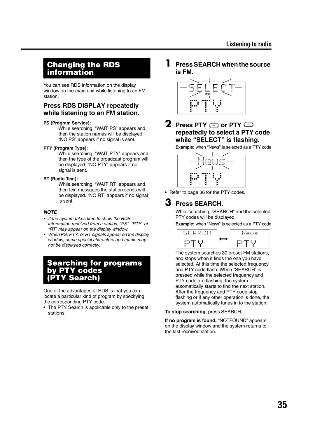 JVC LVT1284-004B manual Changing the RDS information, Searching for programs by PTY codes PTY Search, Press SEARCH 