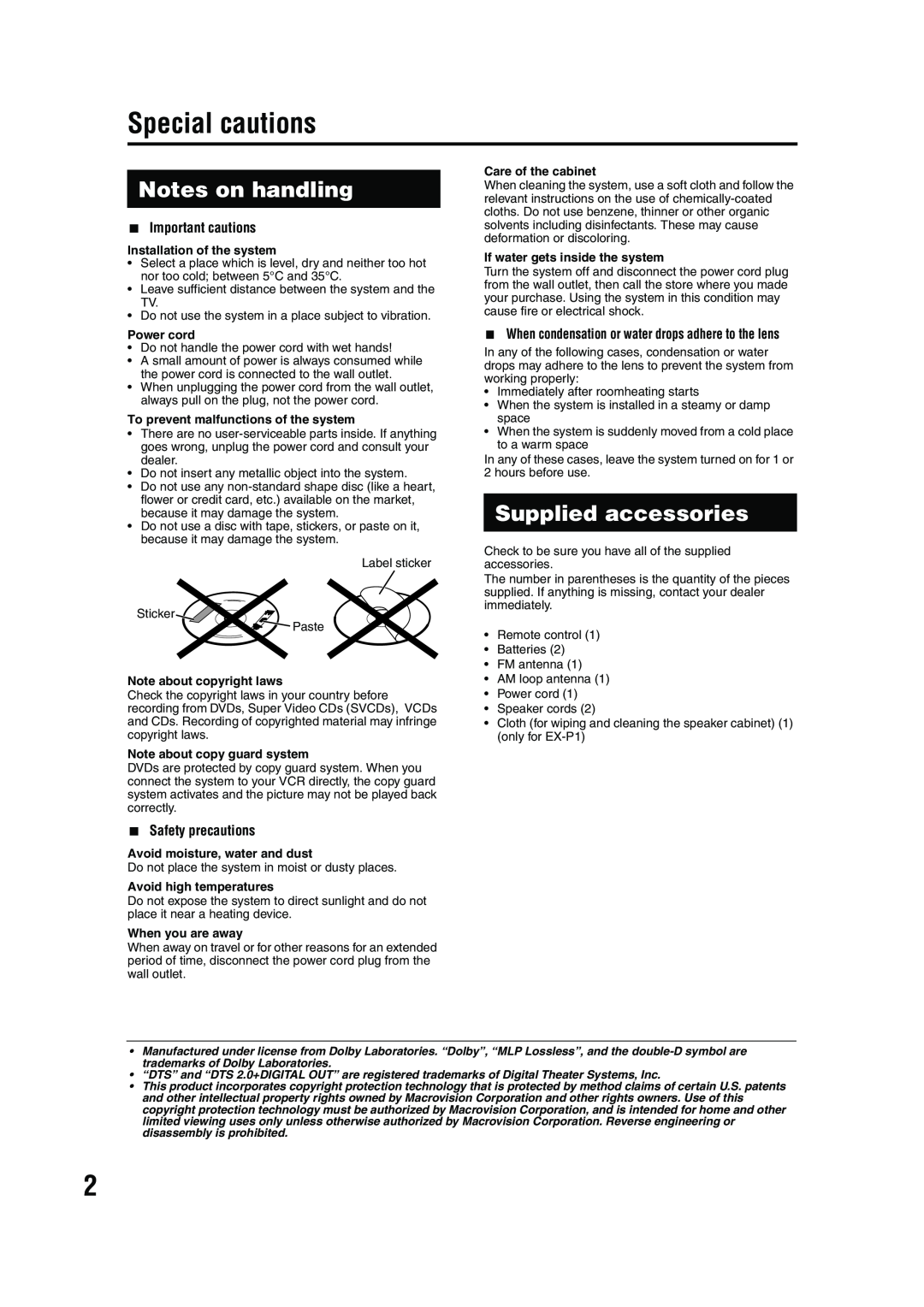 JVC LVT1284-004B manual Special cautions, Notes on handling, Supplied accessories, 7Important cautions, 7Safety precautions 