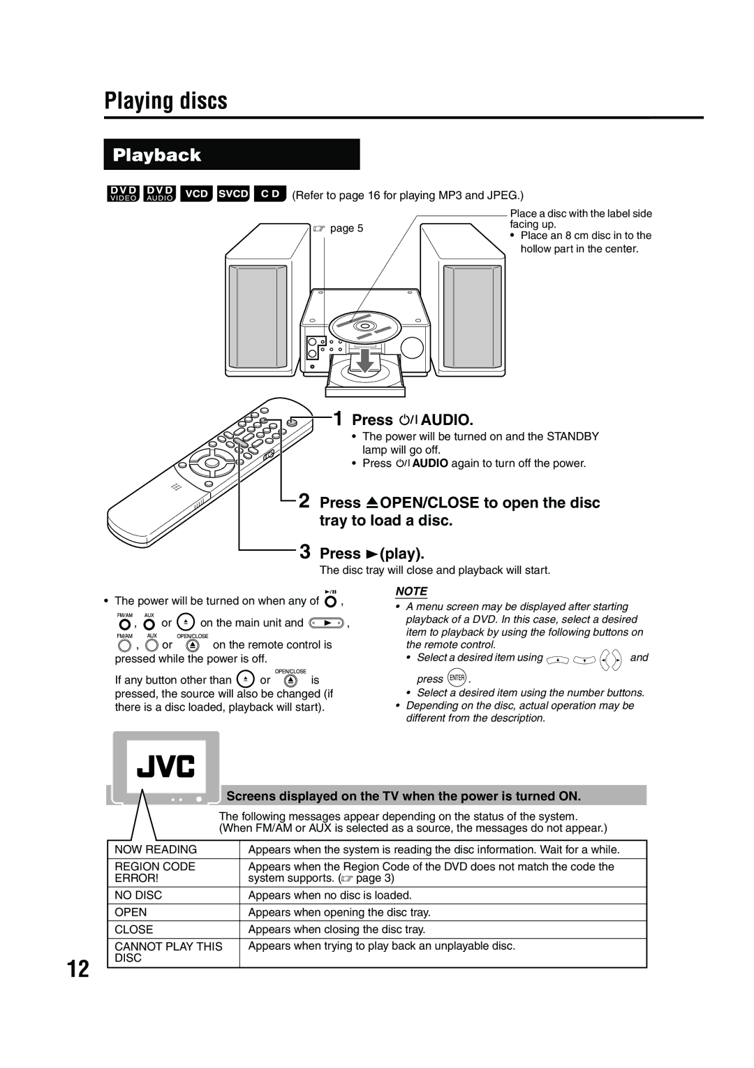 JVC LVT1286-003A manual Playing discs, Playback, Press Faudio 