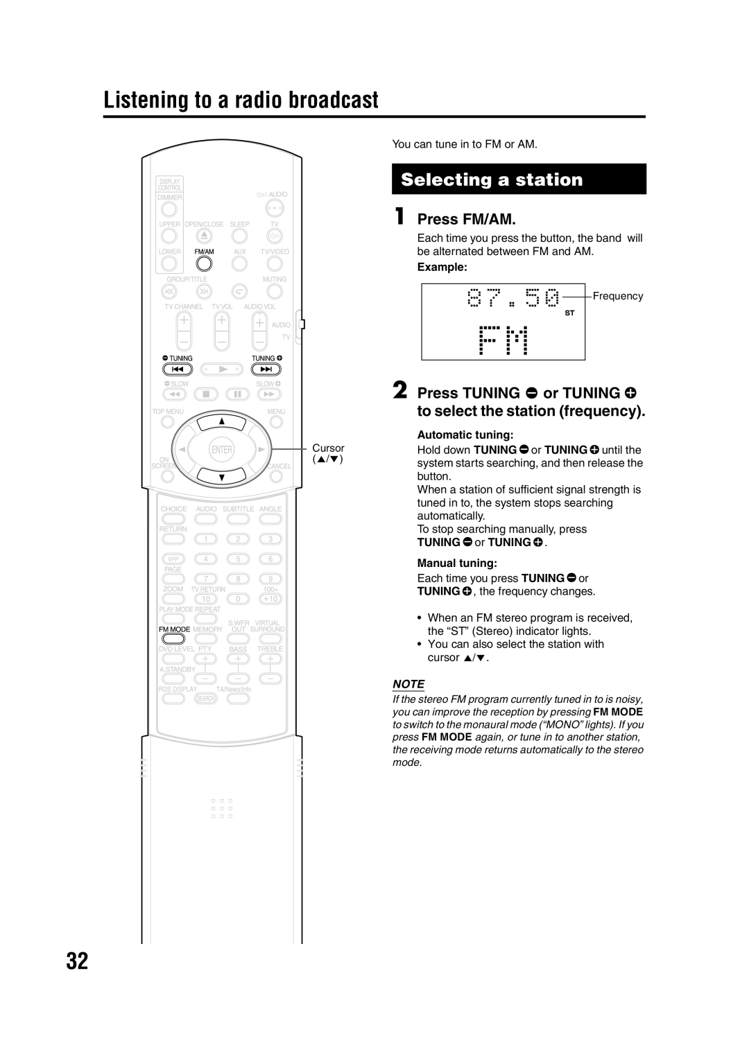 JVC LVT1286-003A manual Listening to a radio broadcast, Selecting a station, Press FM/AM 